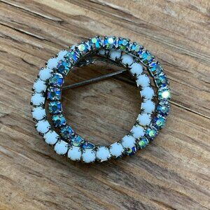 Aurora Borealis Rhinestone White Glass Vintage Infinity Brooch